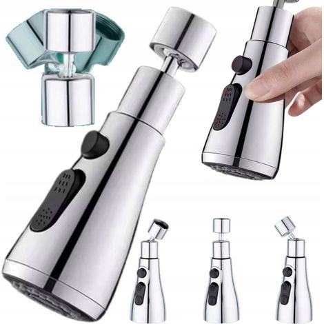 ADAPTADOR DE AIREADOR PARA GRIFO DE COCINA, 3 FUNCIONES, 360°, PLATA