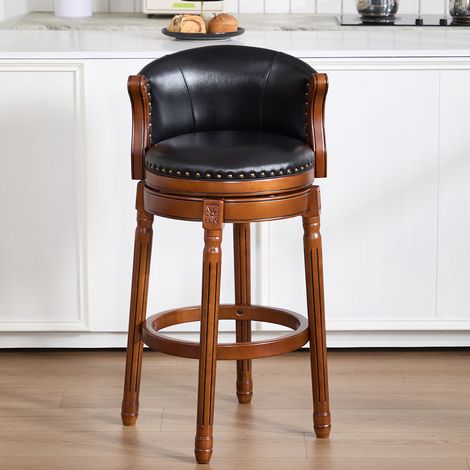 Taburete de bar giratorio 360° con respaldo, asiento de cuero negro, estructura de madera, 103 cm (1/5)