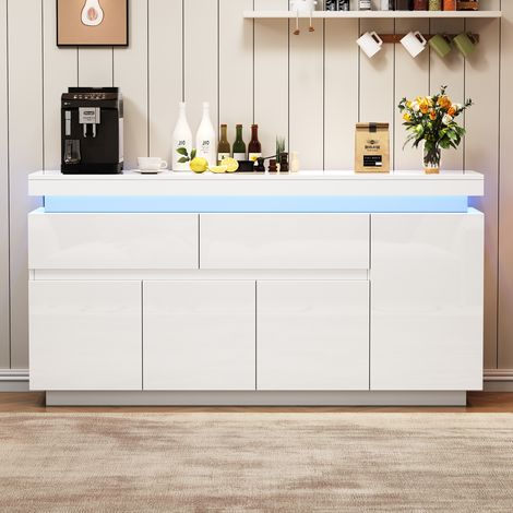 MEUBLIV Buffet de rangement 140 x 35 x 72,5 cm blanc – LED, 2 tiroirs et 4 portes (1/5)