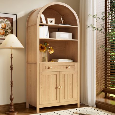 Buffet haut de cuisine avec étagères ouvertes, tiroir et rangements d'épices, 76x40x180 cm, MDF et panneaux naturels (1/5)