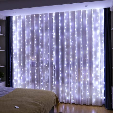 RCBBETT ZA SAS Rideau lumineux style glaçon connectable, 3 m x 3 m 300 LED, blanc chaud ou blanc froid, 8 modes, IP44 étanche, prise EU, décoration intérieure et extérieure pour Saint-Valentin, fête (1/5)