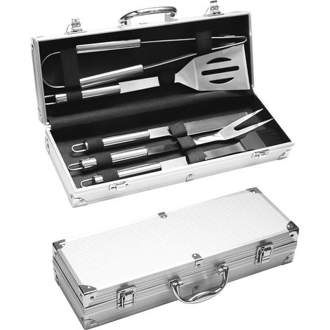 Set Barbecue en Acier Inoxydable 5 pièces - Accessoires Barbecue Ustensiles Barbecue Cadeau pour Homme 37x12x7 cm Mallette en Aluminium idéal pour grillades et Cuisine (1/5)