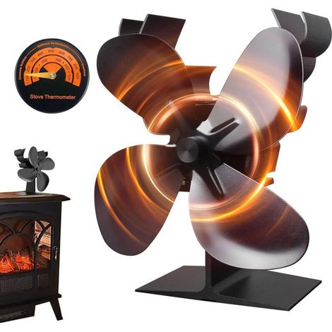6-Blatt-Holzofenventilator, Ofenventilator mit Thermometer, wärmebetriebener Kaminventilator für Holzofen/Kamin/Gas/Holzofen (schwarz) (1/4)
