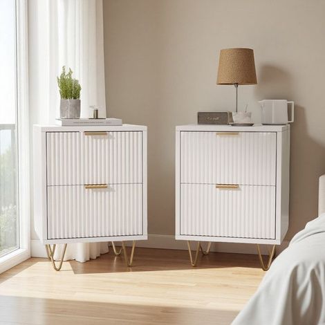 Chevet - 2pcs Double Tiroir - Blanc - Design Français - Poignées Métalliques Dorées (1/5)