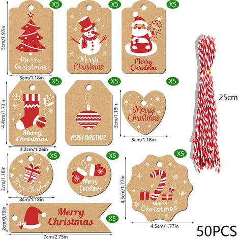 Cartons d'étiquettes de Noël en papier kraft, 50 pièces avec ficelle rouge et blanche, motifs arbres, bonhommes de neige et Père Noël (1/2)