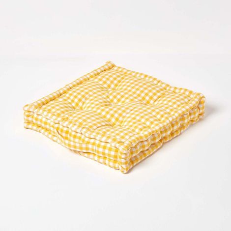 HOMESCAPES Cotton Gingham Check Yellow Floor Cushion, 40 x 40 cm