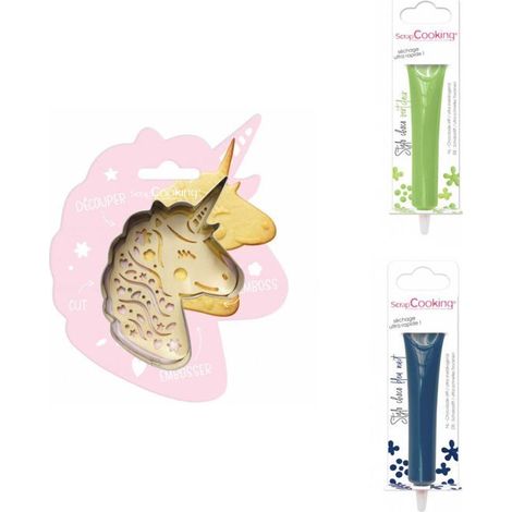 Kit pour biscuit en relief Licorne + 2 Stylos au chocolat vert clair et bleu nuit