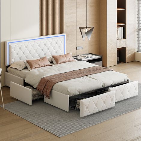 Doppelbett 160x200cm, mit 4 Stauraumschubladen, LED-Beleuchtung, Lattenrost aus Holz, Metallrahmen, gepolstertes Bett aus Kunstleder - Weiß