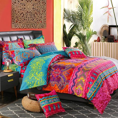 Parure de lit bohème - 135 x 200 cm - Bleu - Rouge - Boho indien - Parure de lit réversible - 100 % microfibre - Avec housse de couette de 80 x 80 cm - Pour lit simple (1/5)