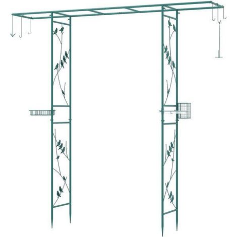 Station d'alimentation pergola de jardin 213 cm, arche de jardin robuste avec bol d'eau, plateau grillagé, mangeoire à suif - vert (1/5)