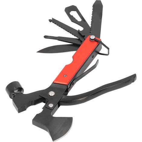 Marteau multifonction tout-en-un, portable, en acier inoxydable, avec hache, couteau, pince et verrou de sécurité. Idéal pour le camping. (1/5)