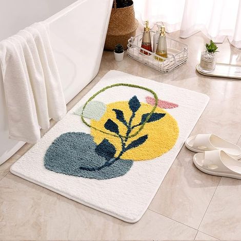 Tapis de bain abstrait bohème 40 x 60 cm, antidérapant, absorbant, en microfibre douce et moelleuse, lavable en machine, tapis de sol, tapis de porte pour douche et baignoire intérieure (Motif feuille (1/5)