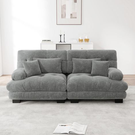 Canapé d'angle en forme de nuage pour salon, canapé deux places en chenille grise, avec 2 coussins lombaires et 2 coussins décoratifs, structure en bois massif. (1/5)