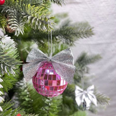 Boule De Noël - Boule Miroir Rose Avec Nœud En Paillettes Argentées - Décoration Arbre De Noël Incassable - Lot De 1 Pièce (1/5)