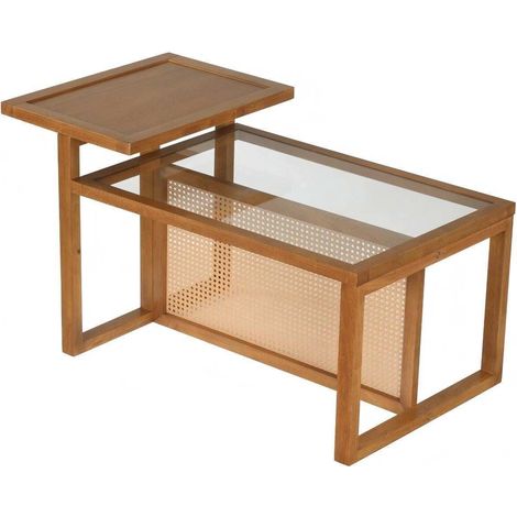Coffee Table with Tempered Glass Top & Rattan Shelves