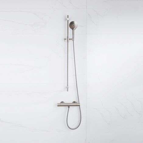 Fortifura Calvi Ensemble de douche barre curseur avec douchette ronde, flexible en métal et robinet de douche Inox brossé PVD (1/5)