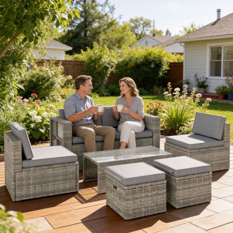 6-teiliges halbrundes Gartenmöbelset aus Rattan, platzsparend stapelbar, 135 x 66 x 62 cm, Grau
