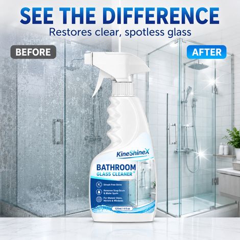 KineShineX Badezimmer-Glasreiniger-Spray entfernt Kalkablagerungen, Seifenreste und Wasserflecken und hinterlässt Spiegel und Fenster strahlend sauber. (1/5)