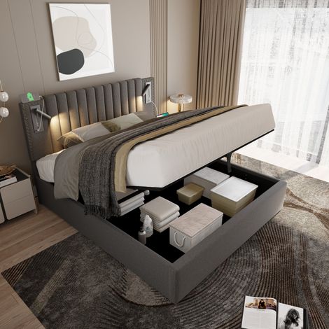 REDOM Cama con almacenamiento 140x200 cm con cabecero ajustable de algodón gris sin colchón (1/5)