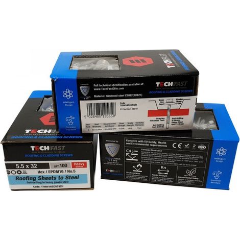 ForgeFix TFHW16SD5580H TechFast Roofing Sheet to Steel Hex Screw & Washer No.5 Tip 5.5 x 80mm Box 100 FORTFHW5580H