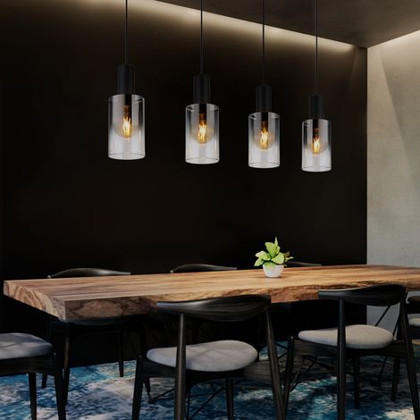 Pendellampe Pendelleuchte Esstischleuchte Wohnzimmerlampe Hängeleuchte Lampe, 4 Flammig Rauchglas Metall schwarz, E27 Fassungen, LxBxH 102,5x12,5x150cm