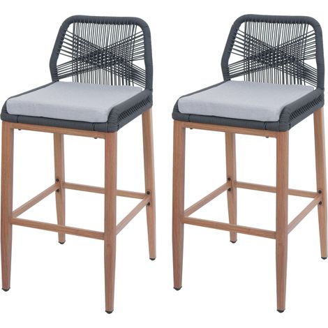 Lot de 2 tabourets de bar extérieur avec dossier cordage élastique décoratif gris foncé et repose-pieds structure acier effet bois coussins gris clair 040009644