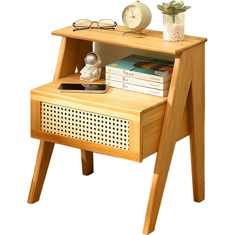 Comodino, piccolo comodino con cassetti, Comodino Rattan Naturale e Bambù, tavolino moderno metà secolo per camera da letto, soggiorno, 43 x 32 x 51 cm - colore del legno (1/5)