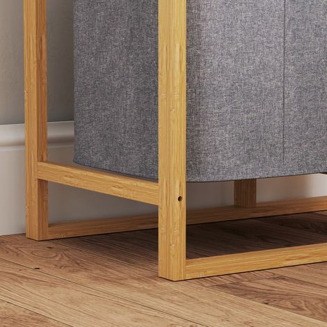 Panier à linge sale gris 50x32x70 cm avec étagères en bambou et panier amovible, rangement pour vêtements, design bois naturel, meuble de buanderie (1/5)
