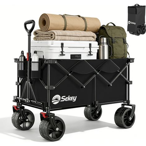 Sekey XXL Plus Faltbarer Bollerwagen Breite Reifen Handwagen Faltbollerwagen – 200 L Volumen, bis 200 kg belastbar, All-Terrain-Räder, Schwarz (1/5)