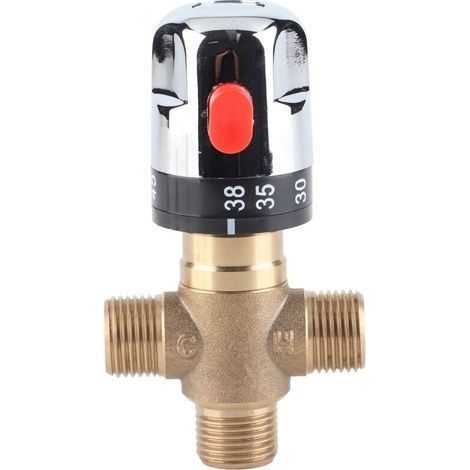 Mélangeur Thermostatique, laiton massif à 3 voies Robinet de réglage de la température pour système de douche pour lavabo Cuisine Salle de bain Toilette G1/2 35-45℃ 15mm (1/4)