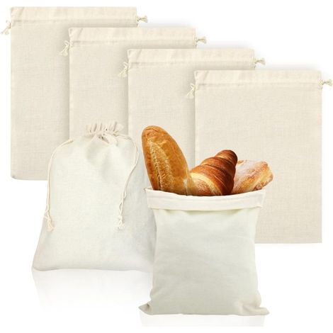 Ensemble de 4 grands sacs de conservation pour pain en lin beige (30 x 40 cm), en coton avec cordon de serrage, réutilisables pour conserver le pain maison et le levain. (1/5)