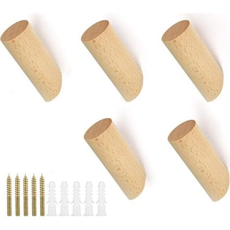 5 PCS Crochet Mural en Bois Cylindre Patère Bois Naturel Crochet Porte Manteau en Bois Hêtre Crochet Mural avec 5 Vis 5 Particules Colloïdales Patère Murale Moderne pour Mur Vêtement Chapeau
