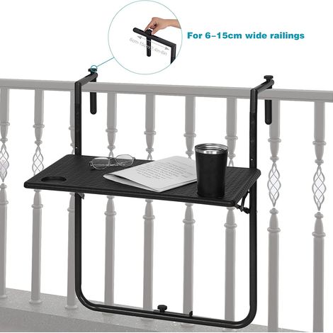 Woltu – Table de balcon suspendue rabattable – 3 hauteurs réglables 74-84.5cm – Cadre en métal noir – 2 porte-gobelets intégrés