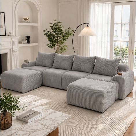 REDOM - Divano modulare 333x174x80 cm, 4 posti, con portabicchieri e tasca laterale, tessuto corduroy, grigio chiaro (1/5)