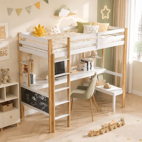 Lit Superposé Enfant 90x200 cm avec Bureau, Lit Mezzanine Multifonctionnel avec planche à dessin et Barrière de Sécurité, Bois Massif, Blanc (1/5)