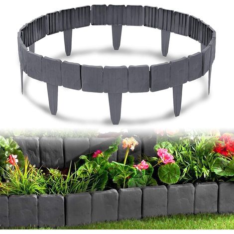 Bordure Jardin Barrière Clôture Gazon Effet Pierre 2,5m 10 pièces, Anthracite- Décorative par 1 élément 25 x 23 cm (L x H) - Palissade de jardin pour clôture de jardin et pelouse