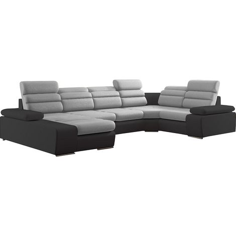 Vente-Unique – Canapé d'angle panoramique convertible 6 places – Têtières ajustables – Coffre de rangement intégré – Tissu et simili bicolore gris/anthracite