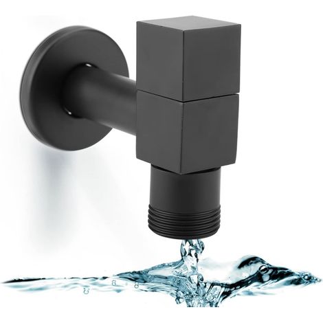 Square Washbasin Faucet, Black Cold Water Tap Square Handle Copper Washing Machine Sink Basin Tap Water Tap Wall Mounted Tap for Kitchen Bathroom (G3/4 Thread) (1/5)
