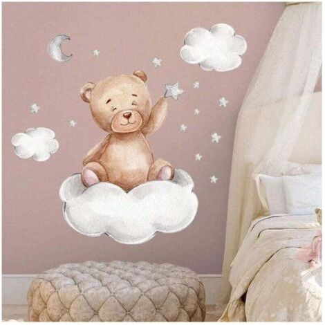 QORVA-Autocollants muraux ours dessin animé, décoration de chambre d'enfant pour garçons, papier peint lune et étoiles pour chambre d'enfant, décoration de chambre mignonne, 1 pièce (1/4)