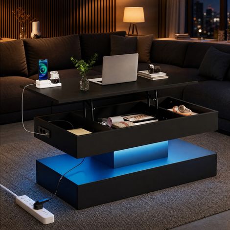 Table basse relevable 100x50x42 cm en panneaux de bois noir, avec rangement pour salon FloraGrace (1/5)