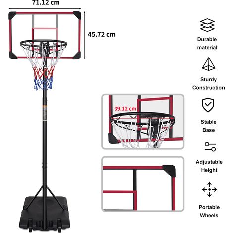 Anneau de basket portable réglable 170 à 213 cm avec roues,sérigraphie rouge,adapté intérieur ou extérieur,jeunes et adultes.