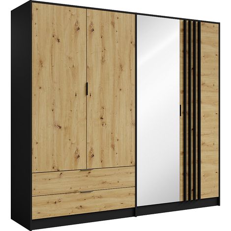 Armadio 4 ante e 2 cassetti Con specchio L220 cm  Nero e naturale  - TUNALO