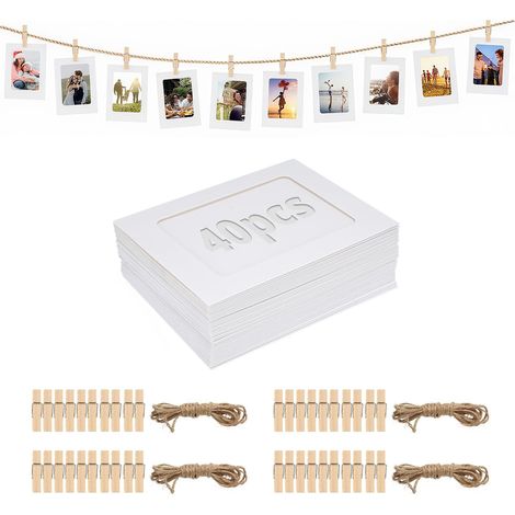 40 Pièces Cade Photo en Papie Ensemble, 11,5 x 15,5 cm Guilandes Photos, Blanc Suspende Cades en Caton avec Pinces Bois Code Chanve, Convient pou Mual Décoation DIY Maiage (1/4)