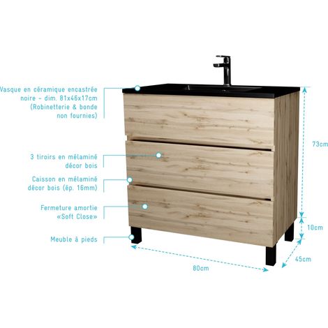 meuble de salle de bains 80 cm 3 tiroirs chêne naturel + vasque céramique noire - timber — vue 4