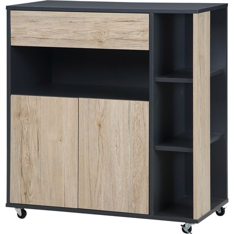 Chariot cuisine multifonction avec tiroir placard étagère et roulettes, meuble bois noir 80x39x86,5 cm (1/5)
