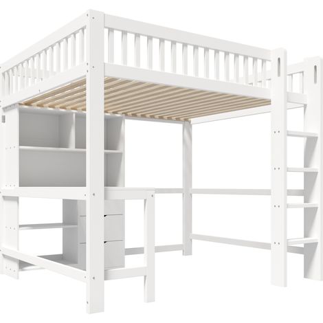 Letto a soppalco bambini 140x200 cm con scrivania, ripiani e 3 cassetti bianco MODENUIT (1/5)