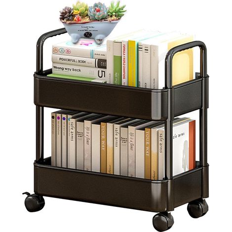 Organisateur de bureau sur roulettes, bibliothèque sur roulettes, chariot à 2 niveaux, noir, adapté à la chambre à coucher, au salon (1/5)