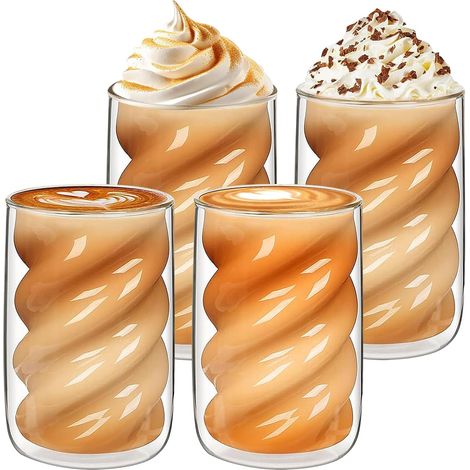 4 Tasse à Café Double Paroi, Verres à Expresso Spirale, 350 ml Tasse Double Paroi mit 4 Cuillères, Verres à Latte Macchiato, Tasse en Verre Borosilicate, Verre Double Paroi pour Thé Café Cappuccino (1/5)