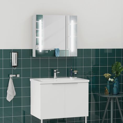 Mobiletto a specchio da bagno a parete con illuminazione a LED, dotato di 2 ante e 3 ripiani, dimensioni 70 x 15 x 65 cm, colore bianco.