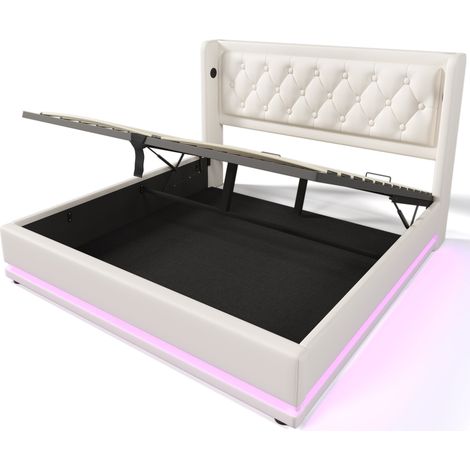 Letto contenitore 180x200 cm in PU bianco, testiera imbottita, USB-C e LED 3 lati (1/5)